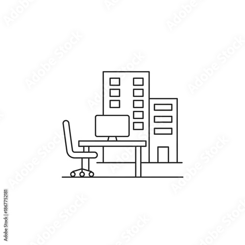 Modern Office Desk Space with Computer and Building Background for Business Use