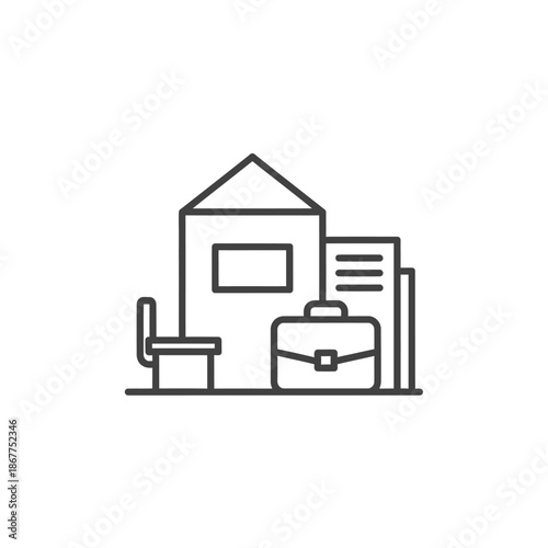 Modern Workspace Illustration with House, Laptop, and Bag for Office or Home Environment