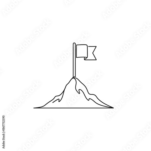 Mountain Peak with Flag Symbolizing Achievement and Success in Nature