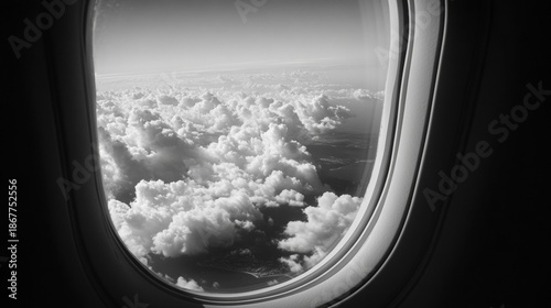 A window on an airplane with clouds in the sky. The clouds are white and fluffy. The window is clear and unobstructed