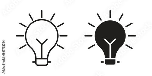 Lightbulb icons in line art and flat black clipart design style
