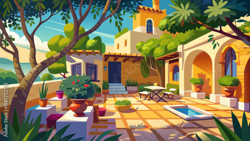 Mediterranean style backyard with olive trees and terrace