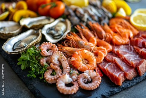 Assorted seafood items neatly arranged for presentation or sale, featuring oysters, shrimp, and possibly fish or mussels.