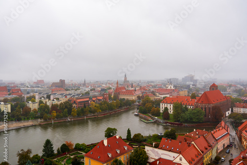 Panoramic view from Wrocław Cathedral of the rainy old town of Wrocław, Poland.