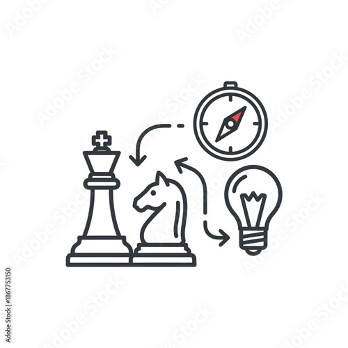 Strategic Thinking Concept with Knight Chess Piece Light Bulb and Compass