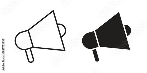Megaphone icons in line art and flat black clipart design style