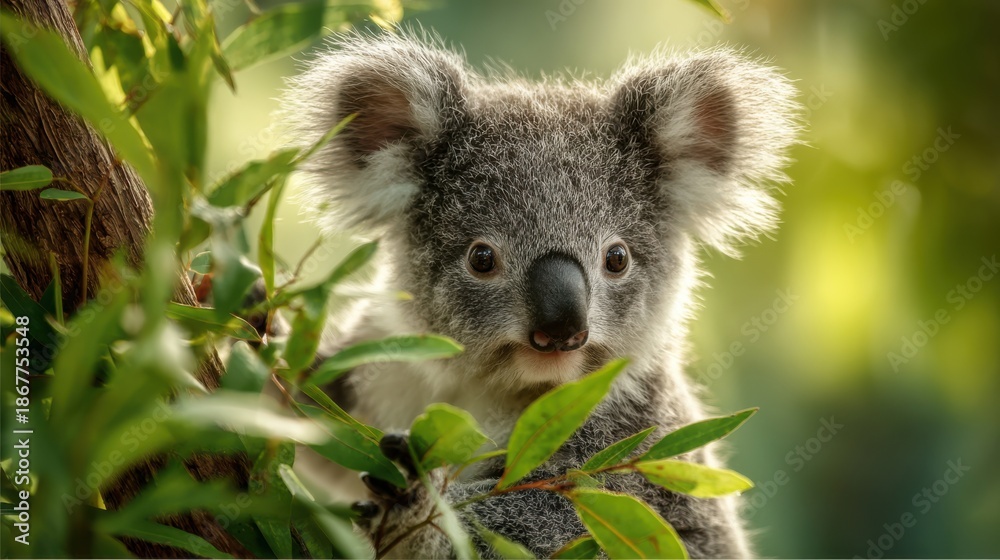 Fototapeta premium Fluffy koala watches carefully from tree branch, surrounded by vibrant green eucalyptus leaves.