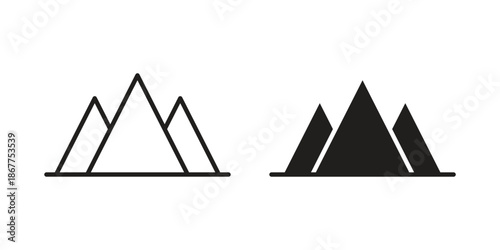 Mountain icons in line art and flat black clipart design style