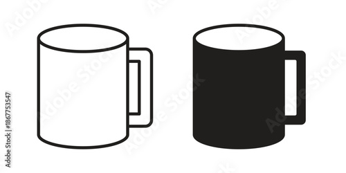 Mug icons in line art and flat black clipart design style