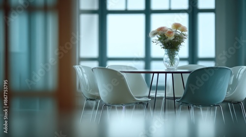 Open concept room features sleek round table with modern chairs and flower arrangement stands.