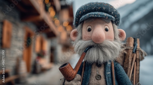 Charming felt doll with long gray beard holds pipe standing in snowy village carrying sticks