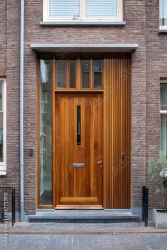A wooden door featuring vertical slats and adorned with a glass window is situated within a brick building in a bustling urban area, all illuminated by the bright light of daytime