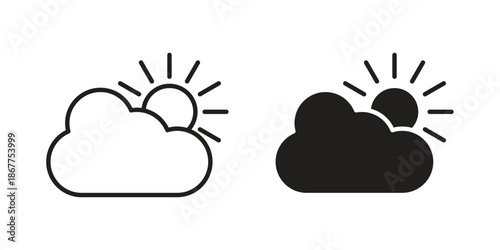 Partially cloudy icons in line art and flat black clipart design style