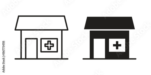 Pharmacy icons in line art and flat black clipart design style