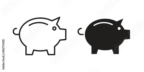 Piggy bank icons in line art and flat black clipart design style