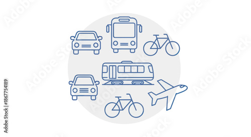 Various modes of transportation arranged in a circular formation, showcasing diverse travel options.