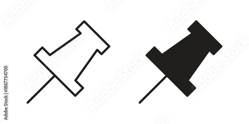 Push pin icons in line art and flat black clipart design style