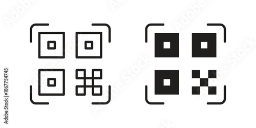 QR code icons in line art and flat black clipart design style
