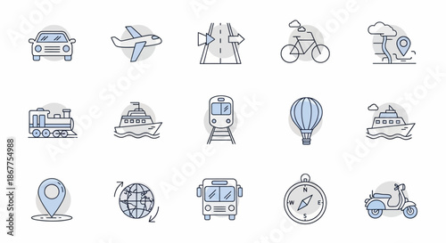Collection of various transportation methods and travel icons for journey.