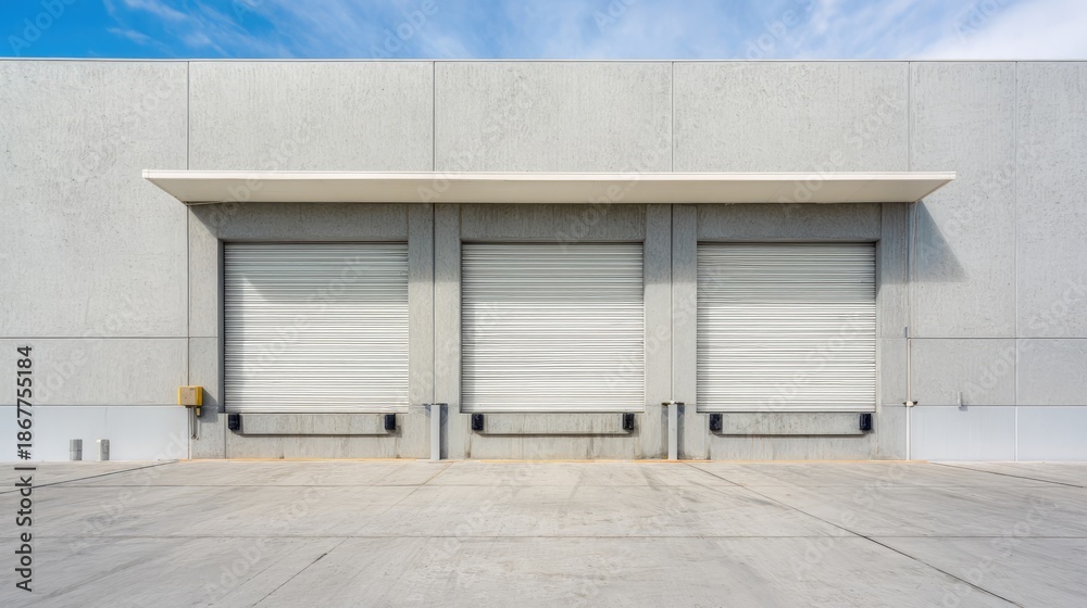 Fototapeta premium Minimalist Industrial Warehouse Facade with Three Closed Loading Dock Doors