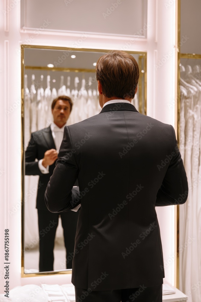 Fototapeta premium Groom Adjusting Suit While Looking at Mirror in Bridal Store