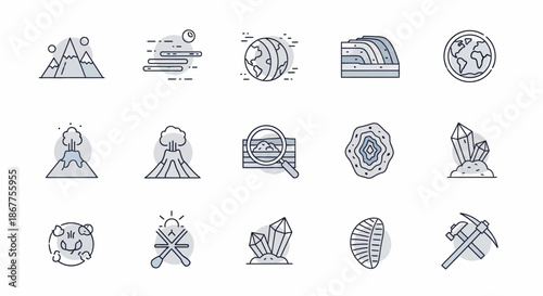 Collection of geological and natural science related line art icons.