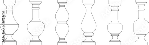 Technical vector of various classical baluster profiles, featuring elegant turned stone designs for railings and balconies.