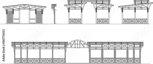 Technical vector of wooden pavilion designs, featuring shed roof kiosks, garden structures, and detailed timber elevations.