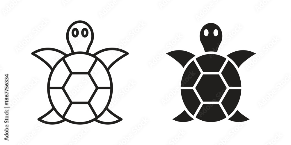 Fototapeta premium Tortoise icons in line art and flat black clipart design style