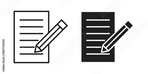 Writing icons in line art and flat black clipart design style