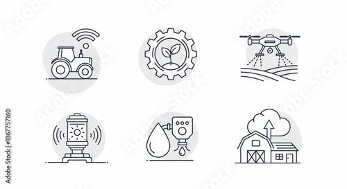 Smart farming technology icons representing agricultural innovation and automation.