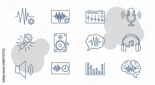 Audio Sound Waves and Music Production Line Icons Set.