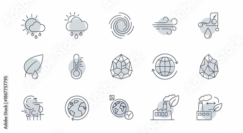 Climate Change and Environmental Issues Icon Set - Weather, Pollution, and Global Impact.
