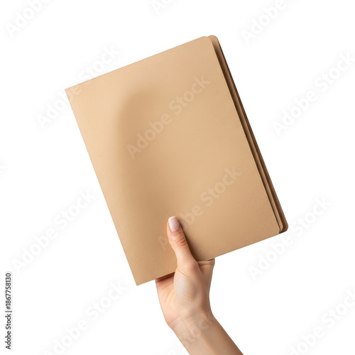 Hand holding a brown cardboard folder, isolated on transparent background