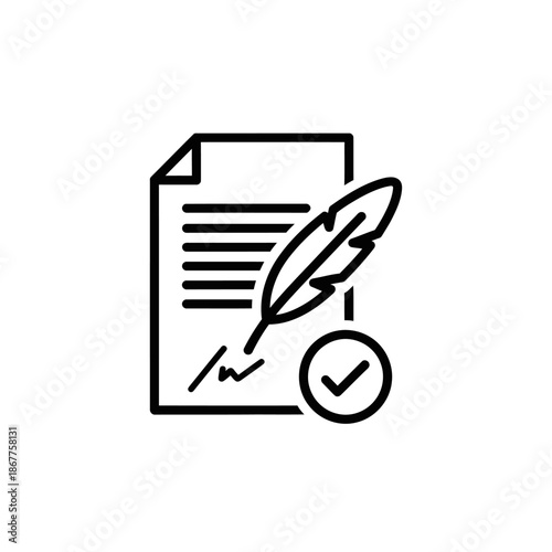 Document with Quill Pen and Checkmark for Authorization and Approval