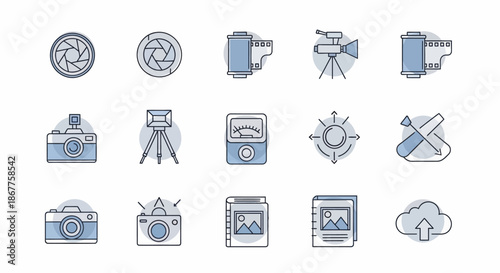 Collection of Photography and Videography Icons Representing Camera Equipment and Creative Processes.