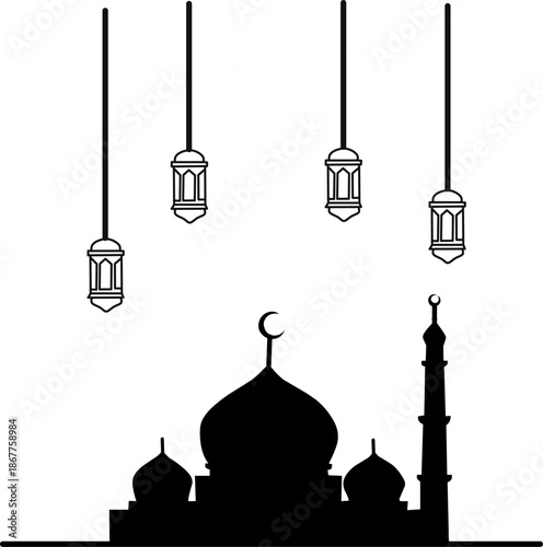 Minimalist mosque silhouette with hanging lanterns, symbolizing peace, prayer, and Ramadan nights.