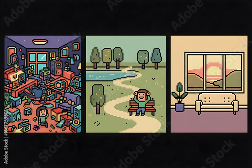 Retro pixel art triptych showing room park and living space