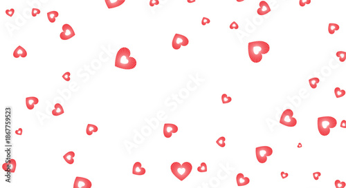 Romantic falling red heart confetti on white background. Minimalist flat vector illustration pattern for Valentine's Day, wedding celebrations, love themes, and decorative wallpaper design.