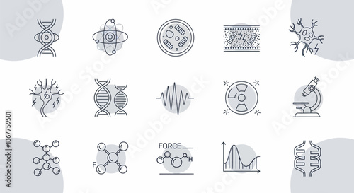Collection of biology and science-related line icons, including DNA, cells, and microscopes.