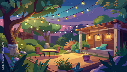 Romantic backyard garden with string lights at dusk
