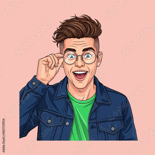 Man Adjusting Glasses Cartoon Character Illustration.