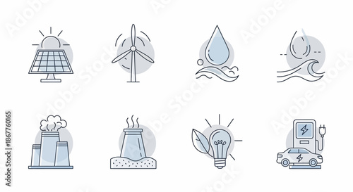 Set of eight line art icons representing various forms of energy and environmental concepts.