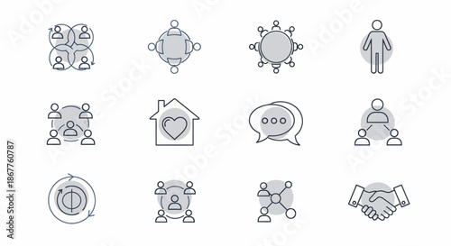 Set of outline icons representing various aspects of social interaction and community.