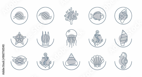 Set of marine life and ocean-themed line art icons.
