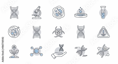 Genetic Engineering and Biotechnology Icons Set for Scientific Research.