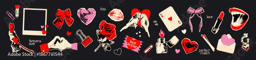 Love and Valentine's day halftone art collage cut outs set. Paper clipping shapes. Stickers with vintage dot texture and doodles for scrapbook. Modern retro grunge mixed media vector illustration