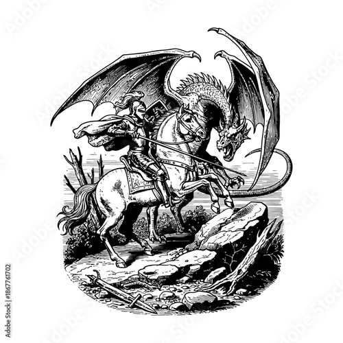Knight fighting dragon engraving.