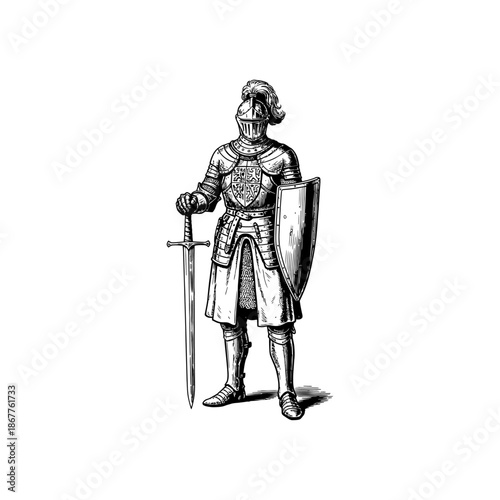 Medieval knight in full armor engraving.