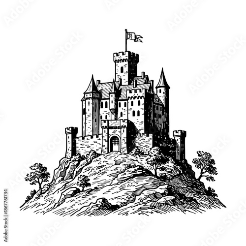 Medieval castle on hilltop engraving.
